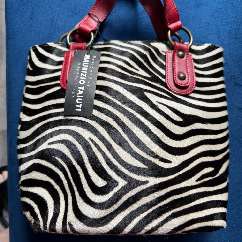 Maurizio Taiuti Zebra Pattern Leather Tote with Red Handles NEW